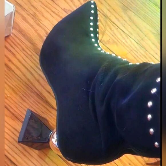 Ladies Black detailed Studded Faux Suede heel boots sz 8 - Picture 11 of 16